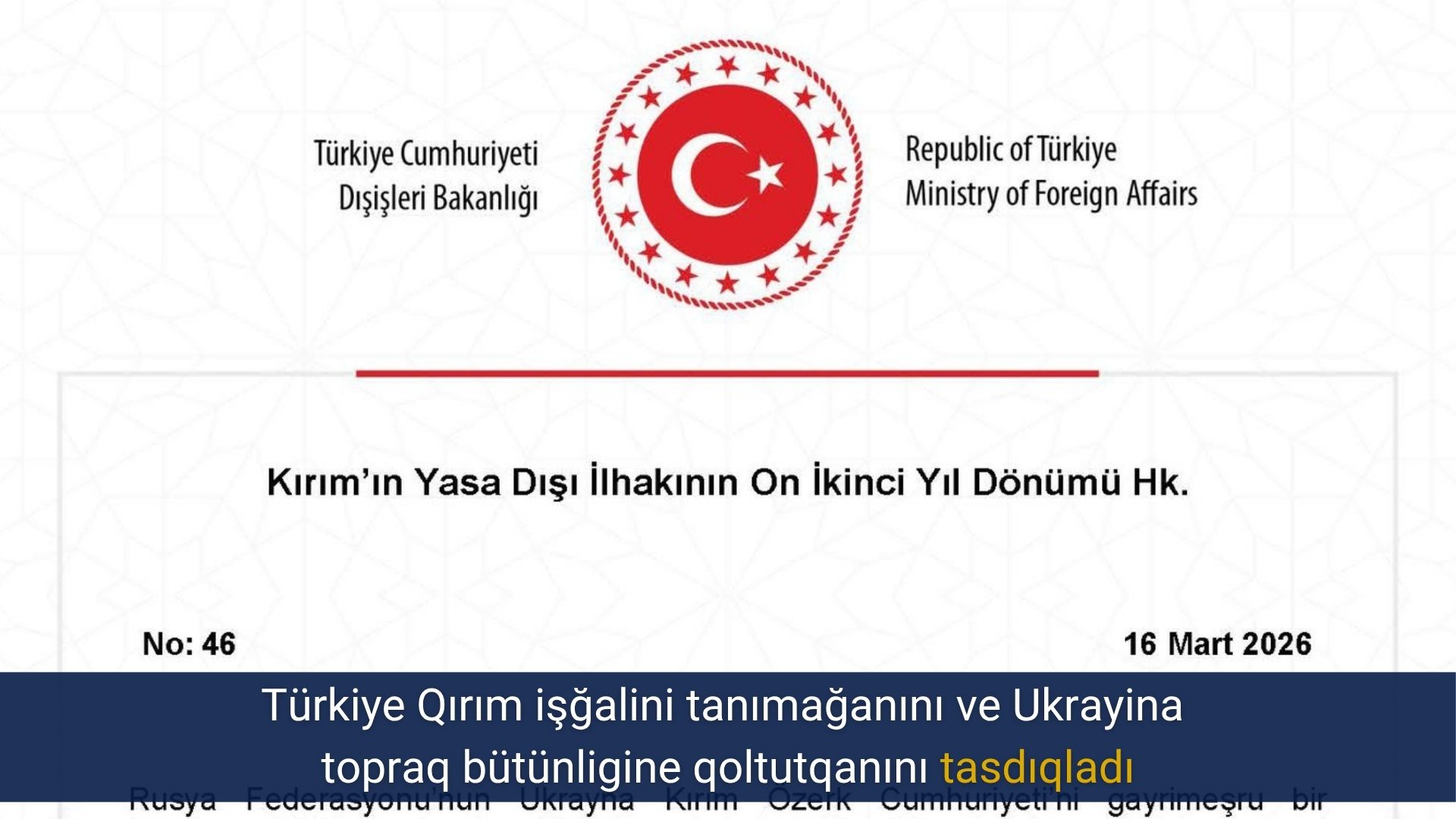 Türkiye Qırım işğalini tanımağanını ve Ukrayina topraq bütünligine qoltutqanını tasdıqladı