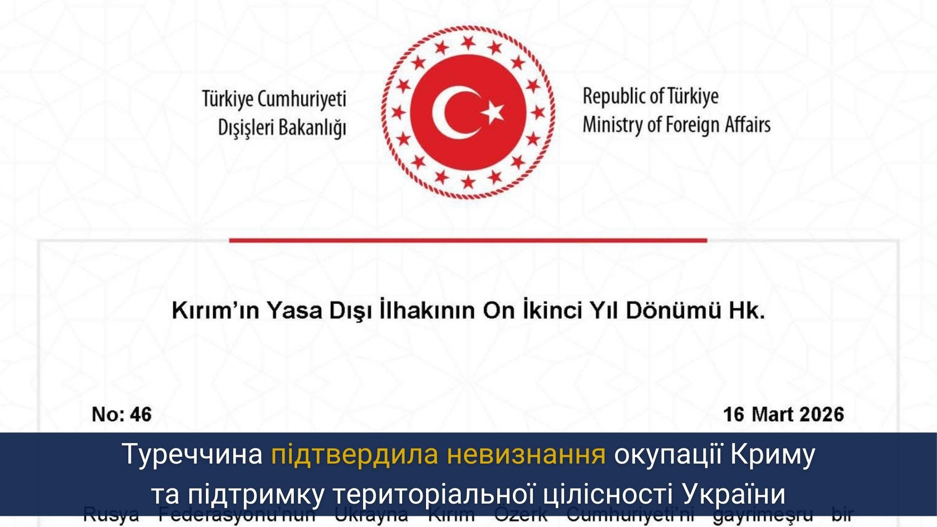 Туреччина підтвердила невизнання окупації Криму та підтримку територіальної цілісності України
